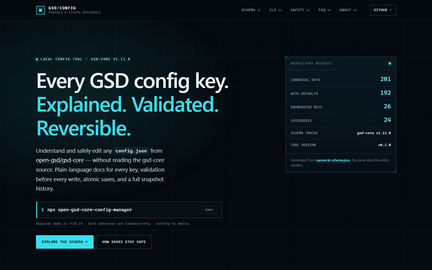 GSD Config Manager home page with the npx install command and safety guarantees.