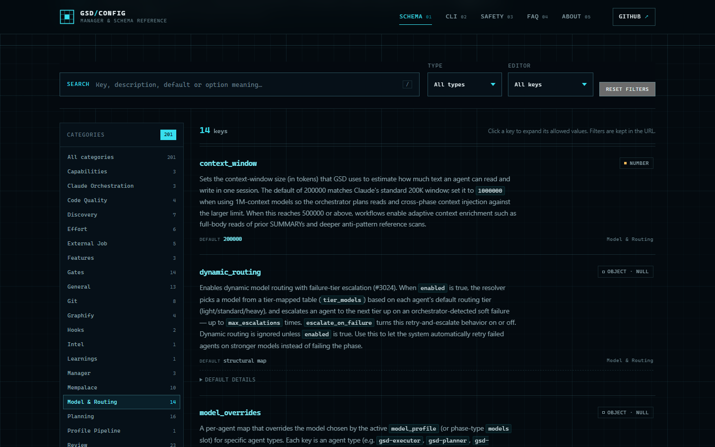 GSD Config Manager schema explorer showing searchable configuration keys with filters and plain-language descriptions.